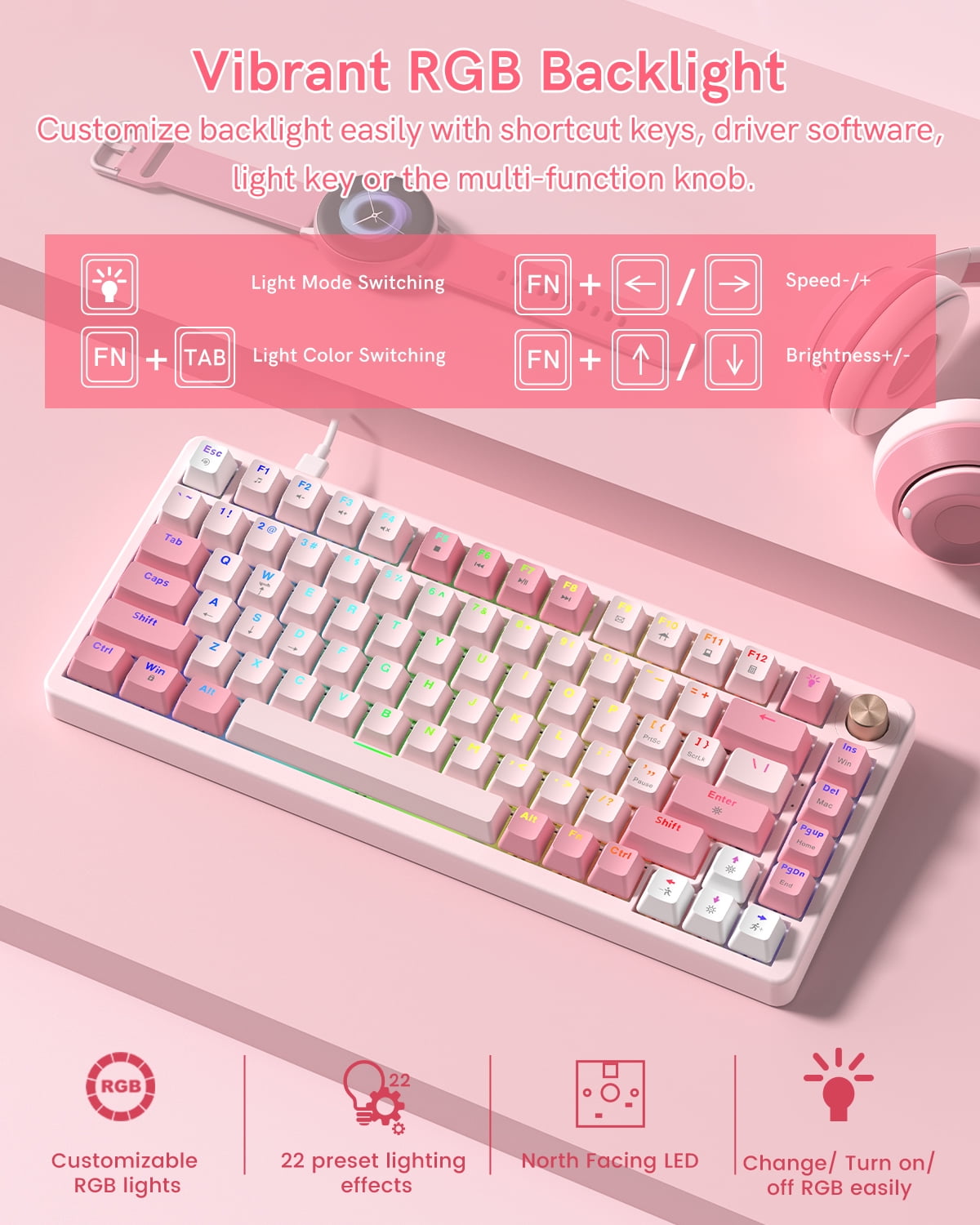 COSTOM VK75 Wired Mechanical Keyboard with Multi-Function Knob, 75% Gaming Keyboard Gasket Mounted, Hot Swappable, Creamy Sound, Cherry Profile, PBT Keycaps, Pink