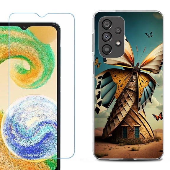 Shockproof Fashion Phone Case for Samsung Galaxy A23 5G, with Tempered Glass Screen Protector, by OneToughShield ® - Butterfly Windmills