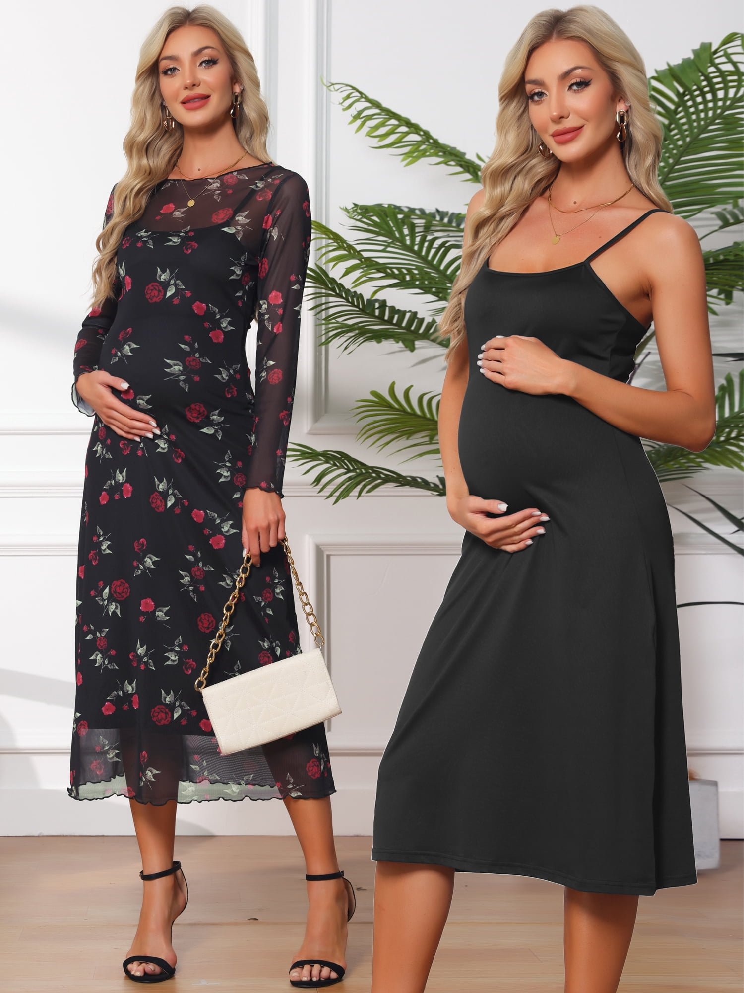 DARING DIVA Women's Soft Maternity Mesh Dress 2-Piece Bodycon Fall Wedding Party S Black
