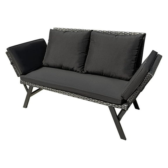 Woven Rattan Outdoor Sofa, Convertible Daybed with Adjustable Armrests - Patio Furniture Set with Cushions & Pillows, Black Lounger