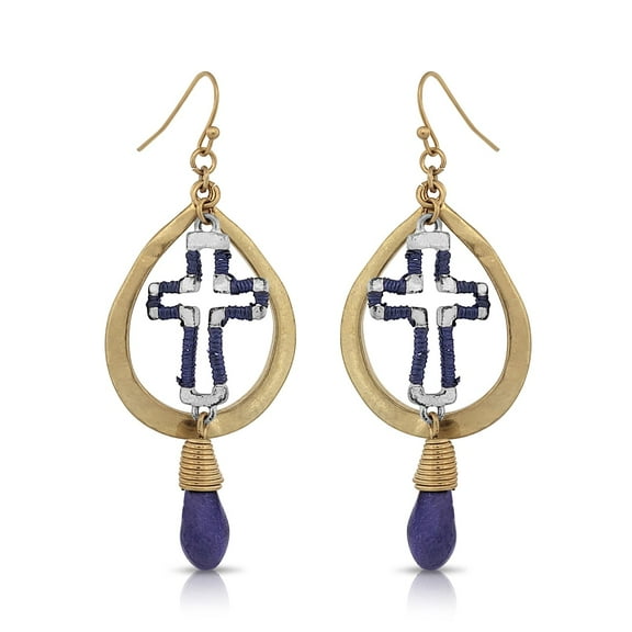 Besheek Handmade Matte Goldtone Cross and Blue Teardrop Dangle Earrings