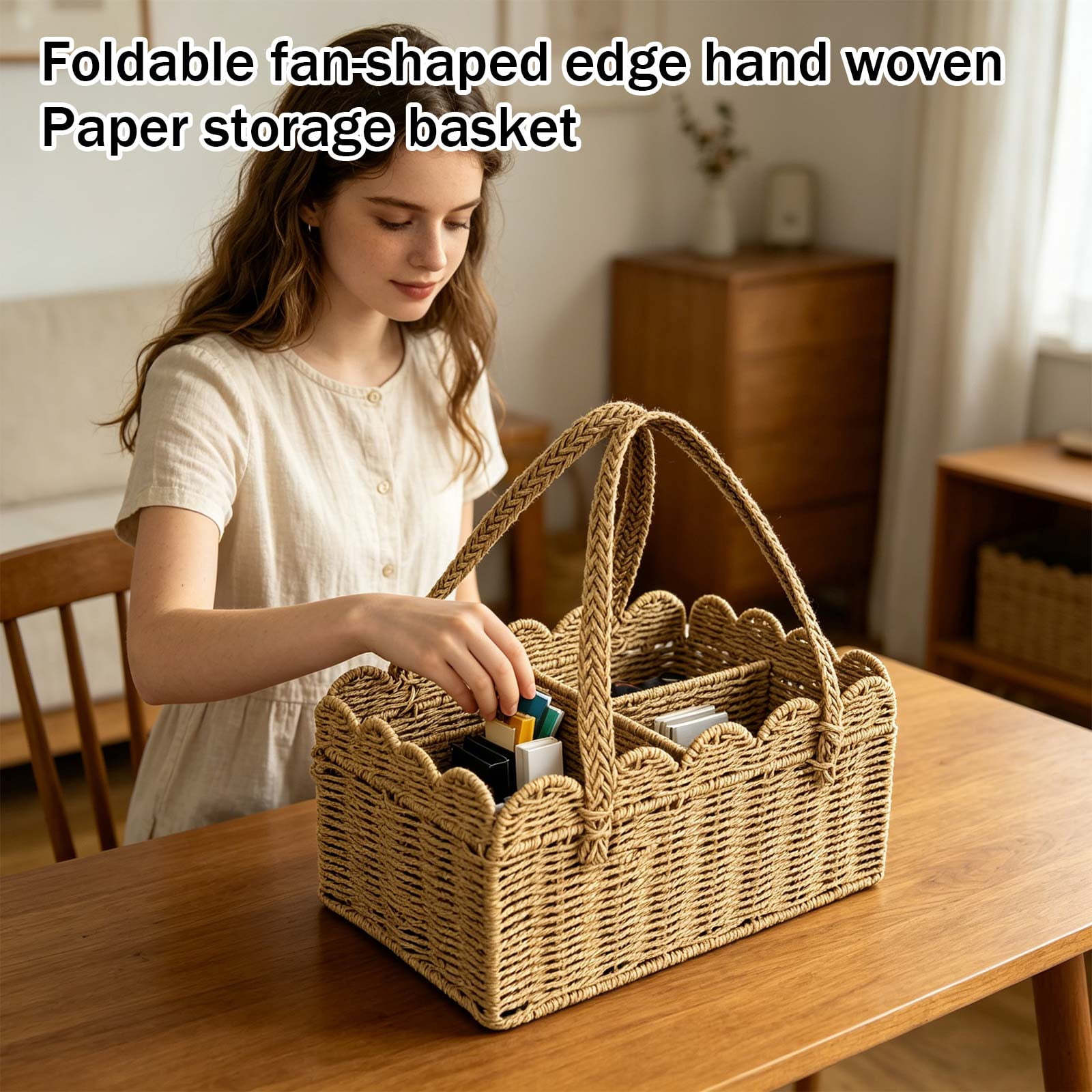 Rattan Diaper Caddy, Woven Paper Rope Storage Basket with Removable Divider, Portable Car Organizer, Newborn Shower Gift