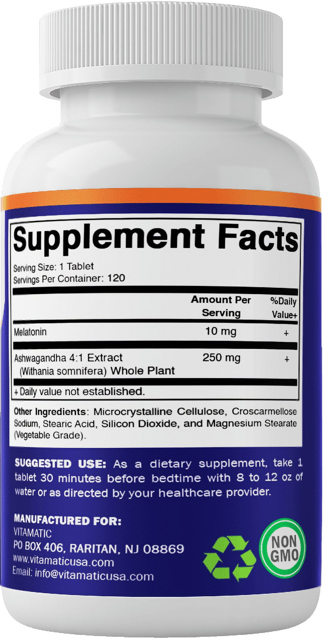 (3 pack) Vitamatic Melatonin 10mg with Ashwagandha 4:1 Extract 250 mg 120 Tablets