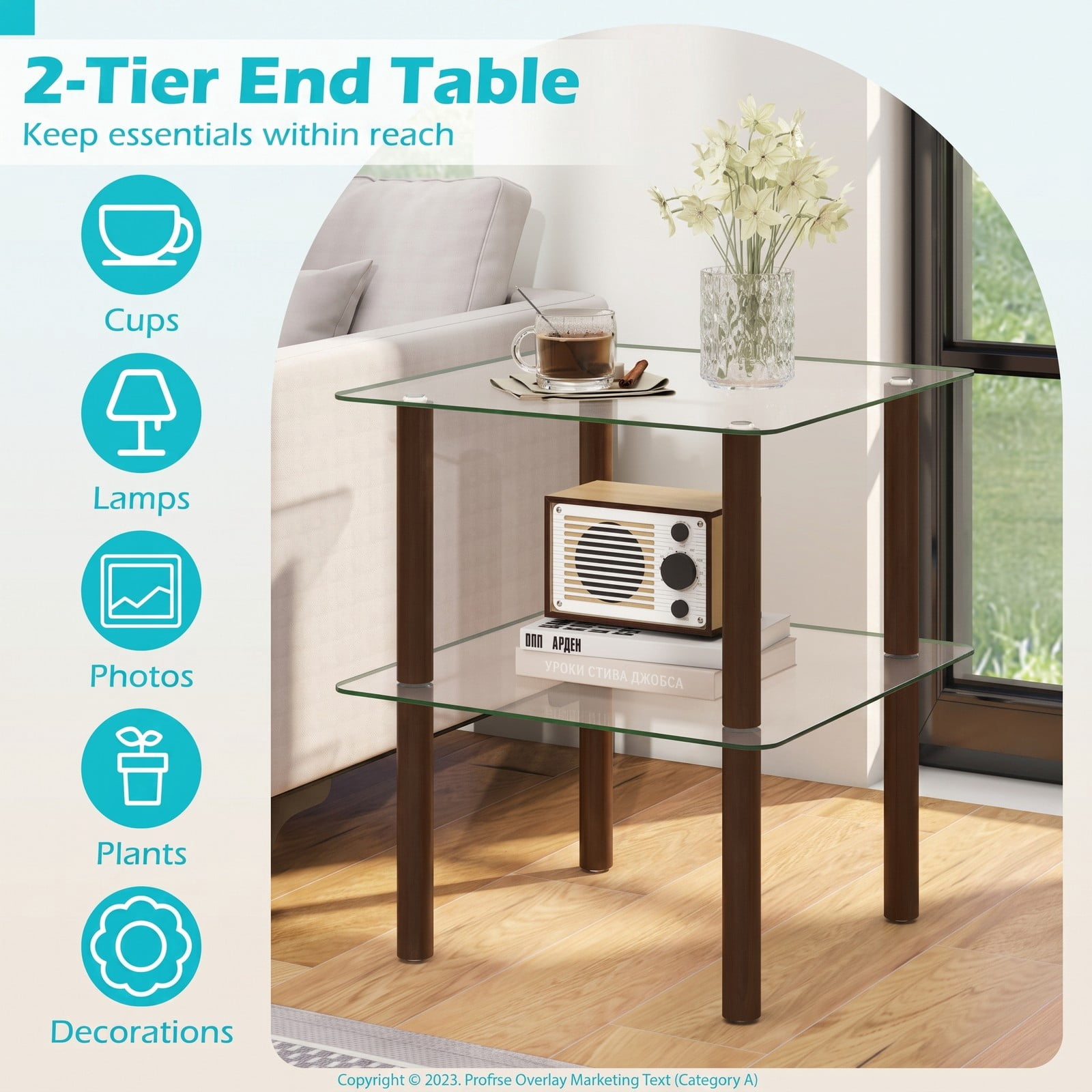 Furnibear 2-Tier Square End Table with Clear Tempered Glass Top and Shelf, Solid Rubber Wood Side Table for Living Room Bedroom, Round-Edge Sofa, Clear & Brown