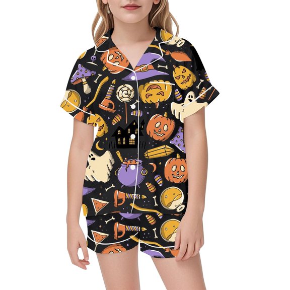 SJLDQY Halloween Girls Pajama Sets Button Down Short Sleeve Shirts Shorts 2 Piece Pj Sets Hallowmas Printed Sleepwear Breathable Soft Loungewear Sets for Girls
