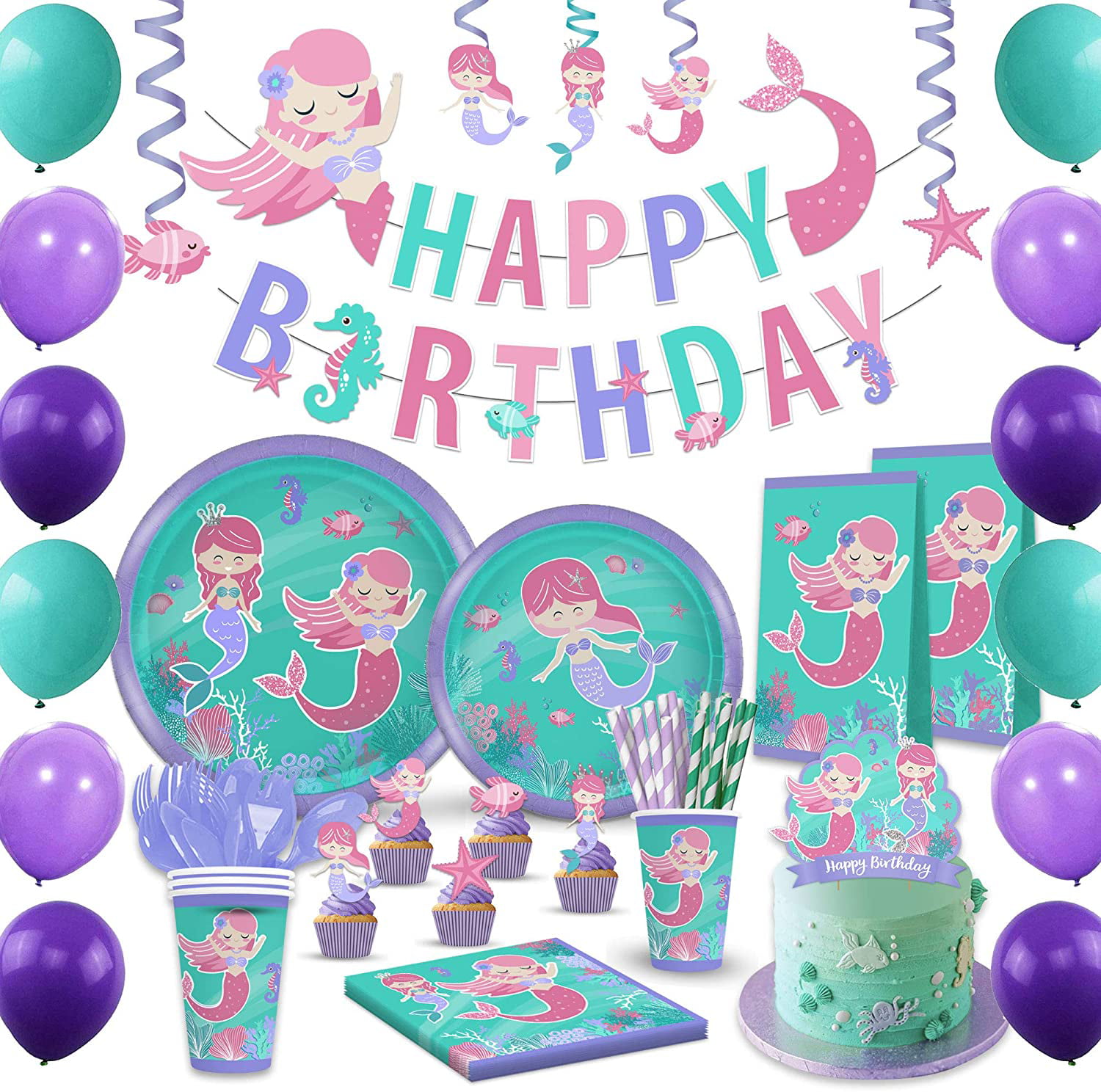 Cups Tablecover Favor Bags Foil Balloon HAPPY BIRTHDAY Banner Cutlery Mermaid Party Set 8 Guest Ultimate under the Sea Birthday Candles HeroFiber Napkins Small and Large Plates Mini Bendable Dolls 