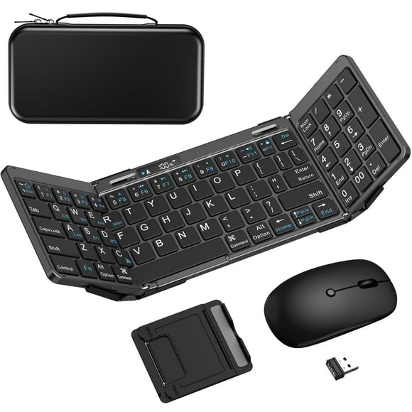Foldable Keyboard and Mouse, EDJO Folding Keyboard Mouse Combo with Portable Case, 2.4G Wireless & Bluetooth, USB-C Rechargeable Travel Com