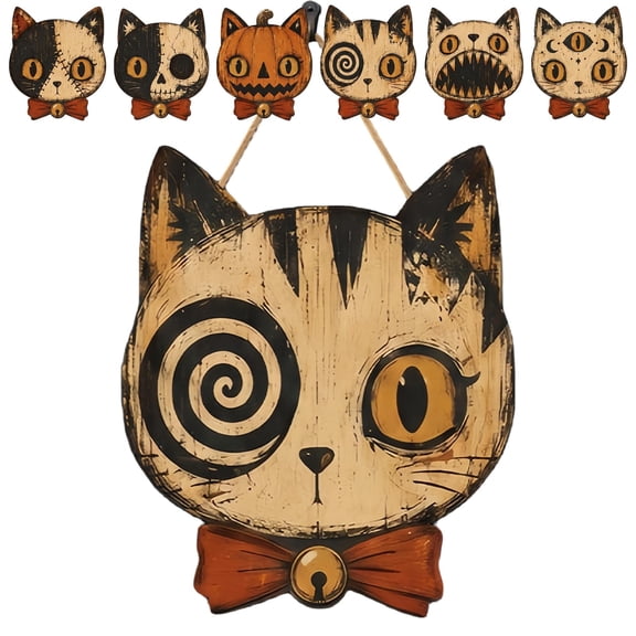 Vintage Halloween Cat Door Hanger, Wooden Gothic Skull Black Cat Sign, Outdoor Halloween Front Door Decor for Porch, Wall Hanging Fall Home Decoration