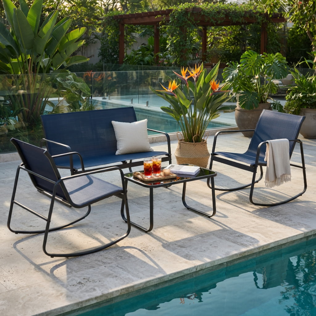 Hommoo 4-Piece Outdoor Rocking Patio Set with Tempered Glass Coffee Table, Metal Frame, Weather-Resistant Fabric, Adjustable Feet & Non-Slip Stability, Brown