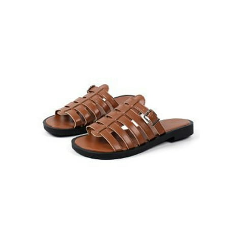 

Gomelly Women s Slides Open Toe Flat Sandals Slip On Gladiator Sandal Comfort Casual Shoes Ladies Womens Yellow Brown 4.5
