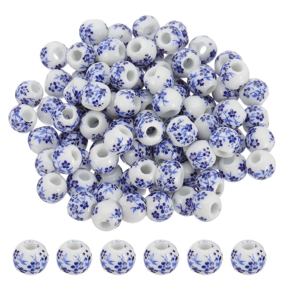 Uxcell 100 Pcs Porcelain Beads, 8mm Printed Ceramic Beads Round Flower Beads Handmade Spacer Beads for Jewelry Making Earring Necklace DIY Crafts, Blue