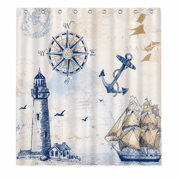 Nautical Shower Curtain, Coastal Lighthouse Compass Anchor Sailboat Bathroom Decor 72 x 72 Inch Polyester Fabric Waterproof Bathroom Curtain with 12 Hooks