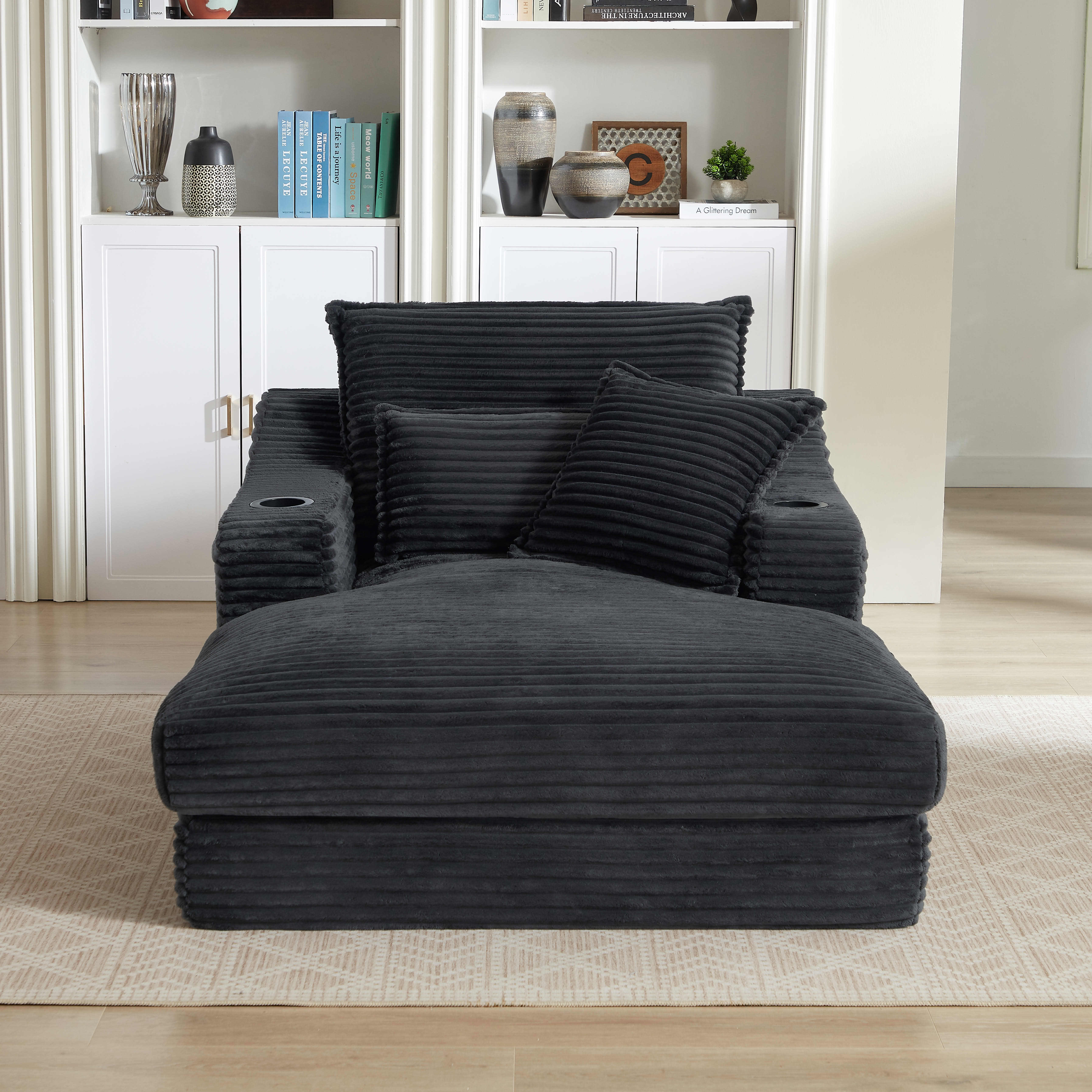 MAYEERTY Modern Compression Lounge Chair, Soft Corduroy Chaise Sofa with Cup Holders for Living Room, 47" Dark Gray