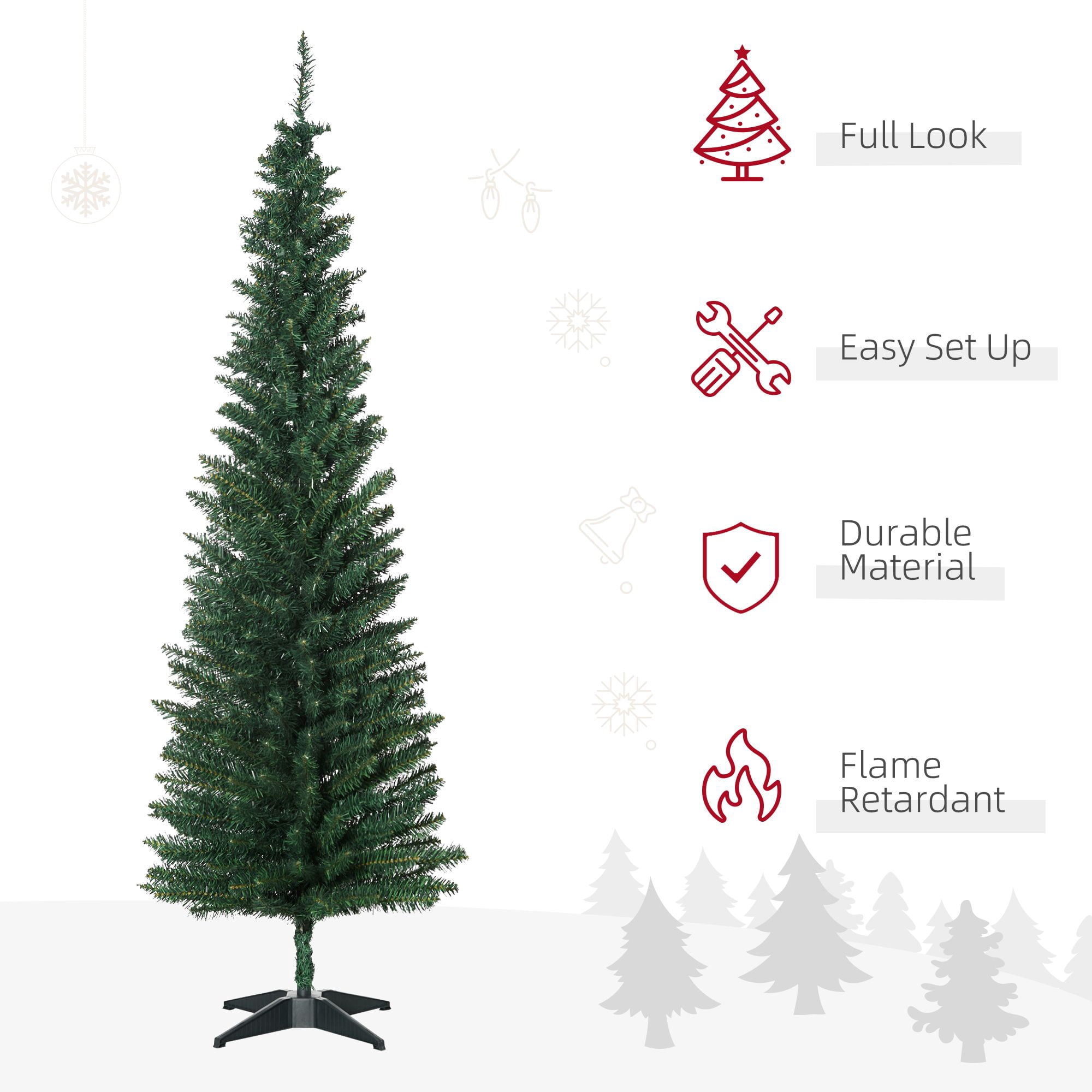 6Ft Pencil Christmas Tree, PVC Hinged Unlit Slim Artificial Christmas Tree for Home Party Holiday Decoration