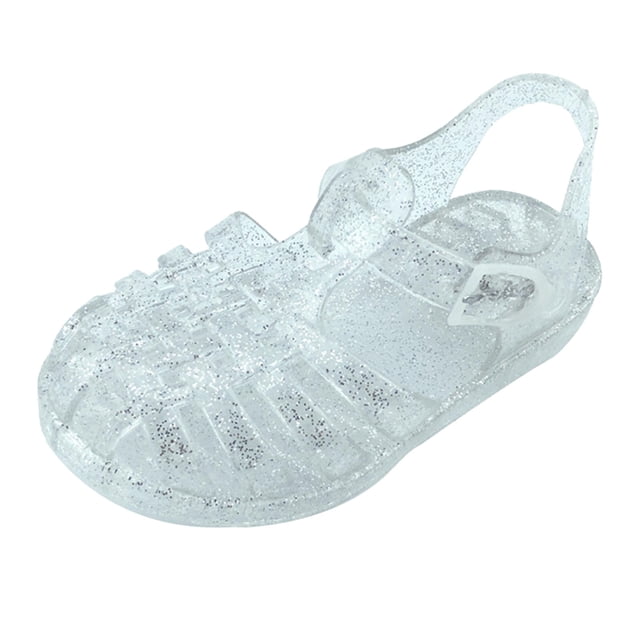 Girls Jelly Sandals Cross Straps Closed Toe Hollow out Sequin Solid Color Adjustable Buckle Durable Non Slip Washable Lightweight Summer PVC Water Shoes for 2-10 Years White