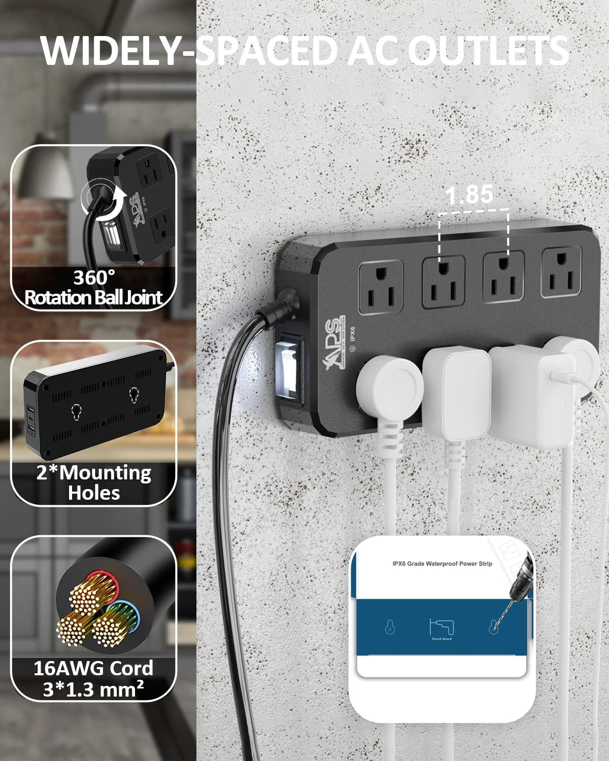 IPX6 Outdoor Power Strip Weatherproof, Waterproof Surge Protector with 6 Wide Outlet(10FT)+3 USB(1 USB C) Ports,Wall Mountable for Outside Decorations (Black)