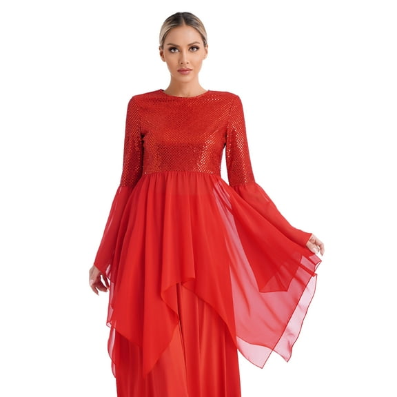 DPOIS Womens Sparkly Liturgical Praise Dance Tunic Worship Dance Overlay Red S