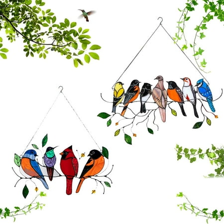 

Multicolor Birds on a Wire High Stained Glass Suncatchers Window Panel Personality Bird Series Stained Window Hanging Home Decoration Bird Painted Window Ornaments Pendant for Lover and Mother s Day