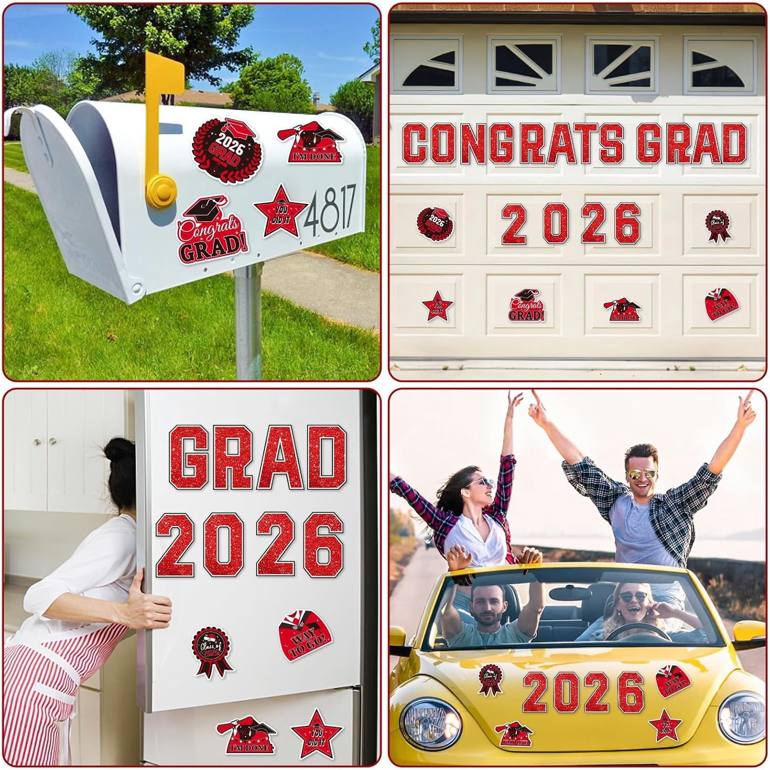 GBBG 2026 Graduation Car Magnets Decorations, 22 Pcs Graduation Fridge Magnets, Car Garage Door Magnetic Stickers Class of 2026 Congrats Grad Party Cruise Door Decorations Supplies (Red)