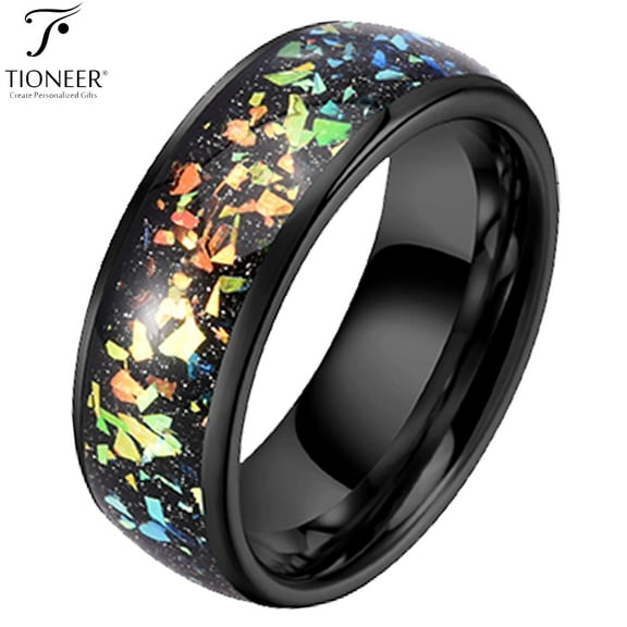 Tioneer Black IP Tungsten Ring 8mm Galaxy Series w/ Opal Inlay in Different Styles Wedding Band for Men Women w/ Free Engraving Options