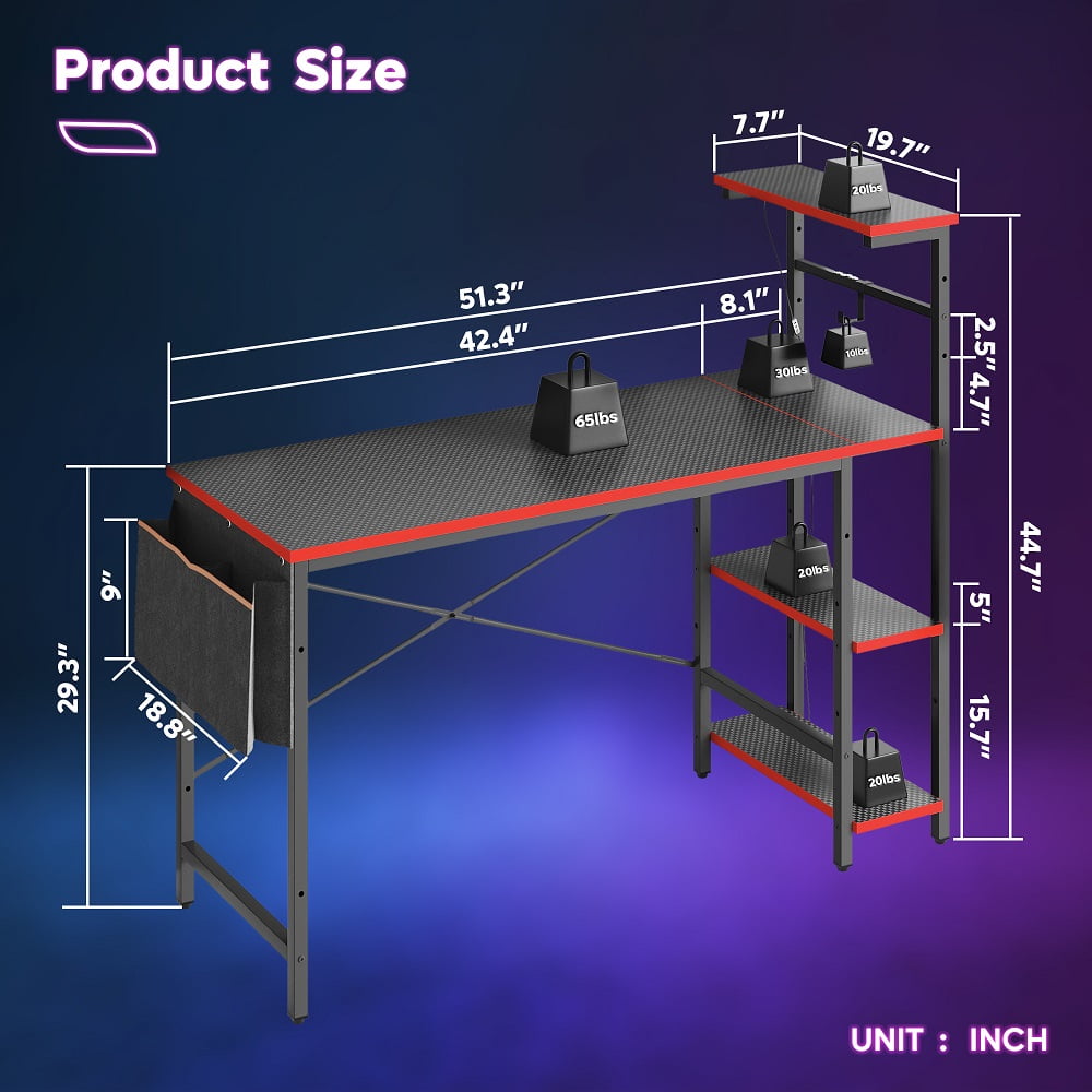Bestier 52 inch Gaming Desk with LED Lights & Reversible Storage Shelves,LED Gamer Desk for Home and Office,Computer Office Desk with with Side Storage Bag-Carbon Fiber Platform