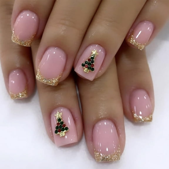 Christmas Tree Fake Nails White Snowflake Press on Nails Glossy Winter Xmas Acrylic Nails with Red French Tip Glue on Nails Medium Square Stick on Nails for Women DIY New Year Manicure Multicolor
