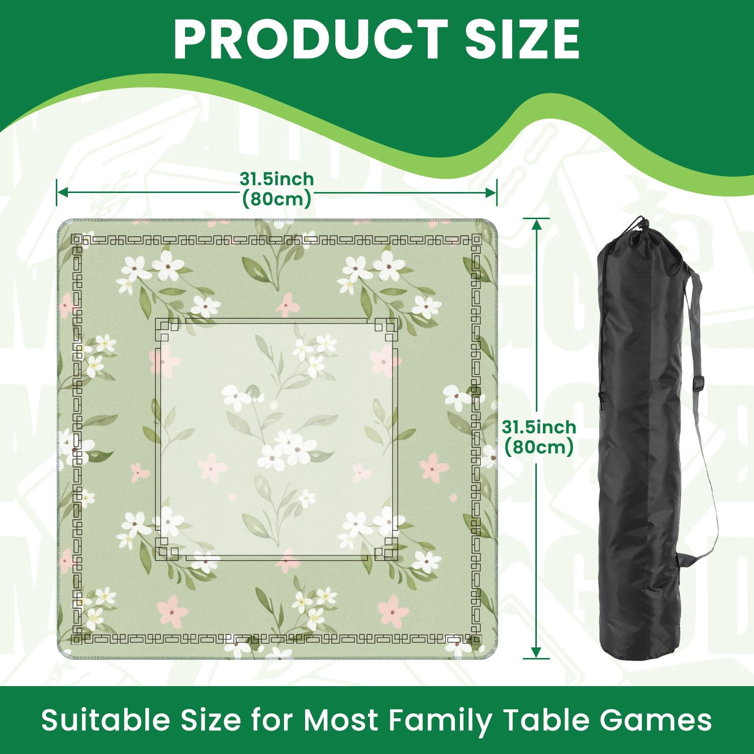 Mahjong Mat 31.5" x 31.5" Seamless Watercolor Floral White Blossoms Green Non-Slip Noise Reduction American Mahjong Tiles Table Cover for Dominoes Poker Card Board Games Gift