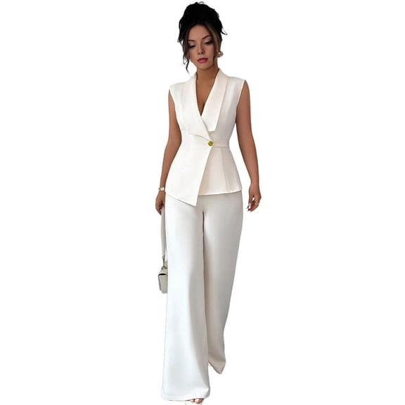 Quixlent Women's Business 2 Piece Outfits Casual Sleeveless Blazer Vest Wide Leg Pants Suit Set Dressy Office Work Set