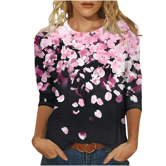 CYMMPU Flower Printed 3/4 Sleeve Blouses for Women Dressy Casual Tunic Tops Spring Tops Fall Trendy Shirts Loose Fit Crew Neck Lightweight Basic Tees Black XXXL