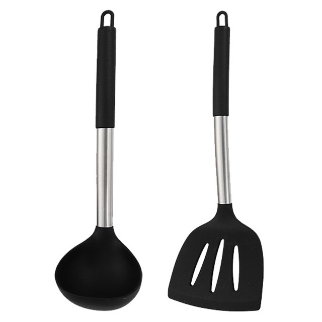 Juego de utensilios de cocina del silicón 2pieces, utensilios de cocina antiadherentes, mango de acero inoxidable, a prueba de calor