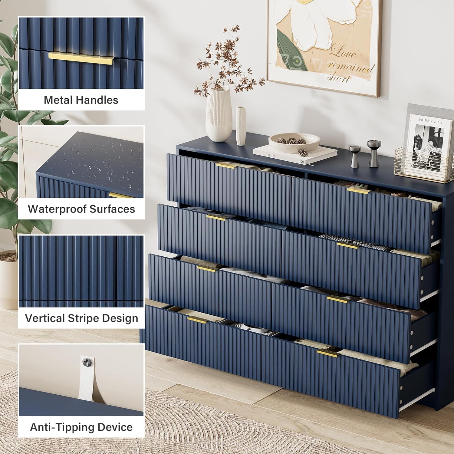 FURNIWAY Blue 8 Drawer Dresser, Fluted Wood Clothes Storage Organizer Cabinet for Bedroom, Modern Chest with Gold Metal Handles, Wide Dresser for Bedroom,Living Room,Hallway