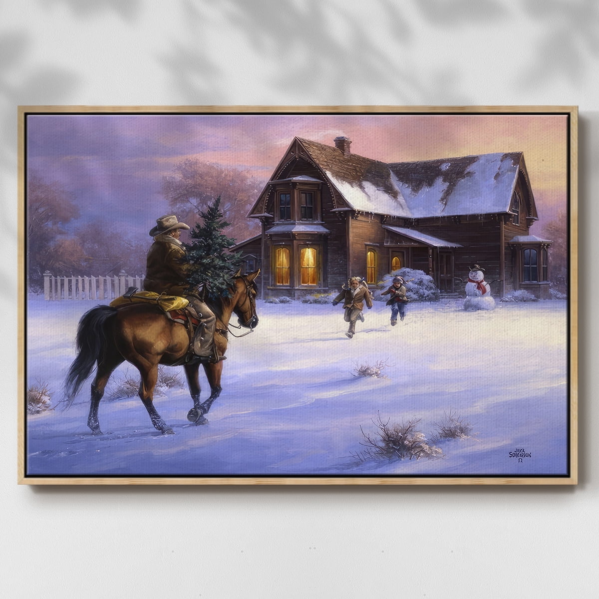 The Day Daddy Brought Home the Tree - Framed Gallery Wrapped Holiday Canvas - 25 x 37 - Natural Wood Frame