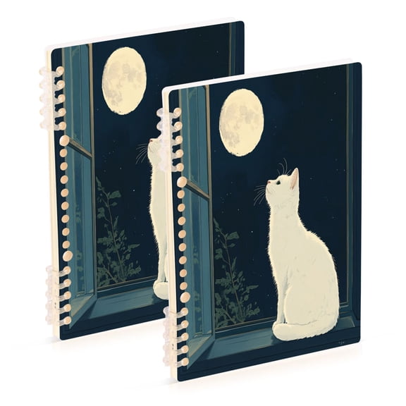 WOBOGO White Cat Enjoying The Moon Notebook College Horizontal Grid Paper Ink Spill Resistant Water Resistant Cover 8.3x5.7x0.4in
