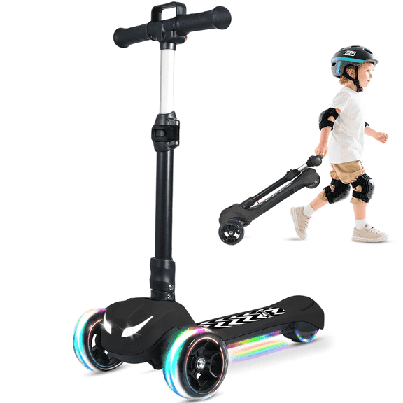 Electric Scooter for Kids Ages 3-8, 3-Wheel Foldable Light-Up Scooter with Full Body LED, Wide Deck, Thumb Accelerator, 3 Adjustable Heights, 5MPH Safe Speed, Electric Scooter for Boys & Girls,Black