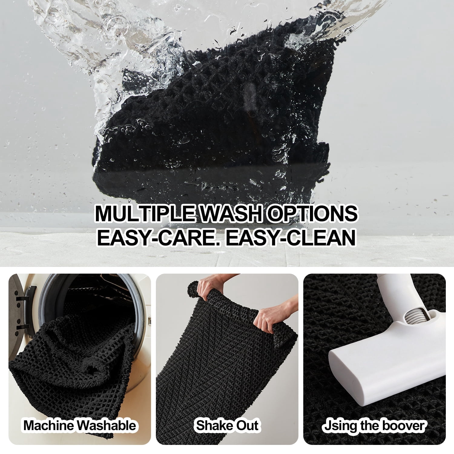 BULULOM Black Bathroom Rug, Waffle Bath Mat Non Slip Washable Super Absorbent Quick Dry, Boho Farmhouse Bathroom Decor, 20"*30" Black
