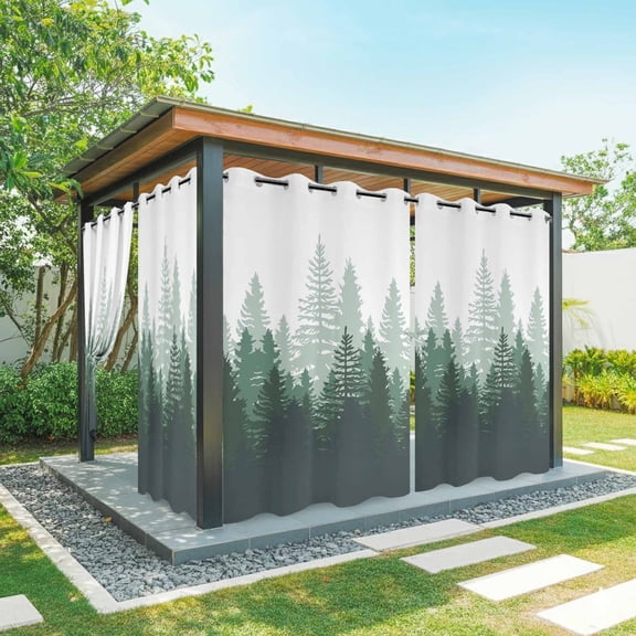 Green Forest Outdoor Curtains for Patio Waterproof, Nature Woodland Tree Misty Forest Silhouette Landscape Grommet Curtains for Porch Outside Privacy Drape for Gazebo Garden Pergola, 1 Panel, 54x84in