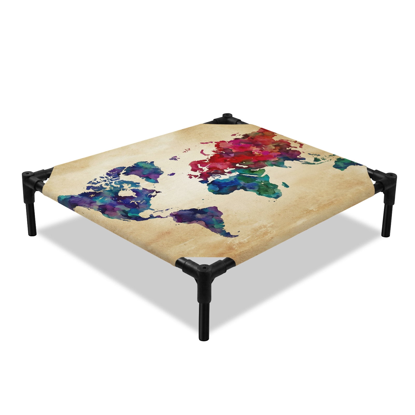 World Map Elevated Dog Bed Watercolor Splashes Vintage Abstract Map Cooling Breathable Outdoor Raised Dog Cot Bed with Metal Frame Non-Slip Feet for Small Dog 20x20in