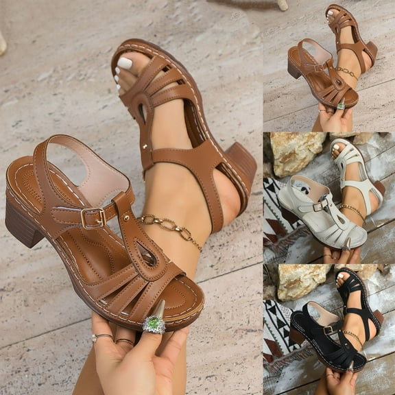 Sandals for Women 2025, Xunlbb Women's Fashion Casual Spring And Summer New Hollow Buckle Fish Mouth Thick Heel Sandals(Black,Size:36)