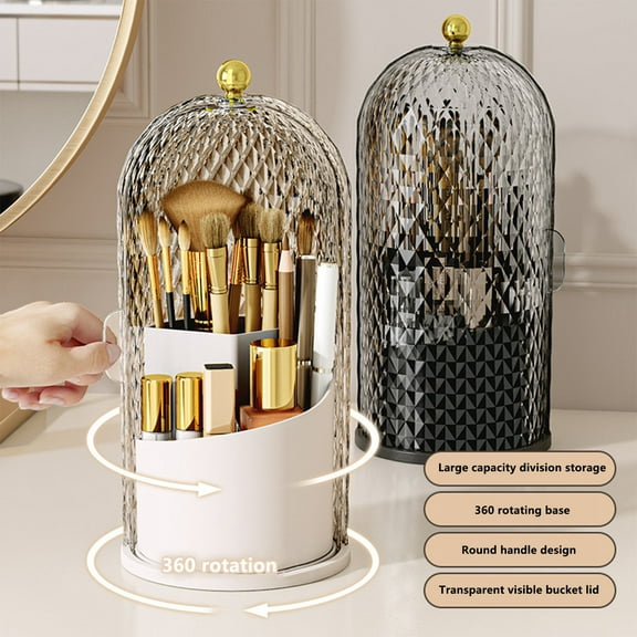 Rotating Cosmetic Organizer | Transparent Textured Makeup Storage Container | Dustproof Cylinder with 360° Access | Divided Interior | Durable | Decorative Vanity Bucket | 1 Piece
