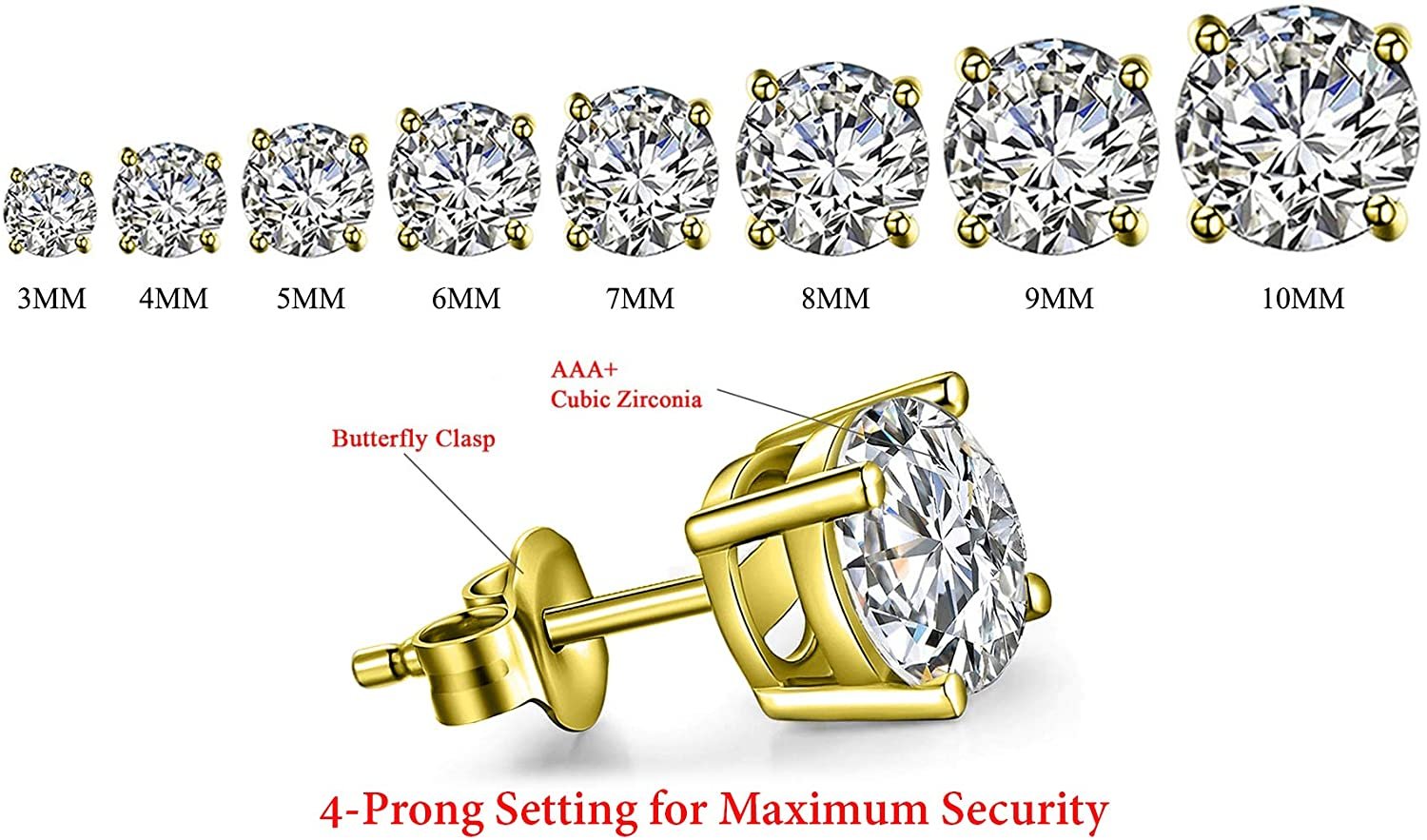 925 Sterling Silver 3mm - 10mm Round Cut Yellow Gold Plated Unisex Classic Clear Cubic Zirconia CZ Stud Earrings, Giorgio Bergamo 10mm