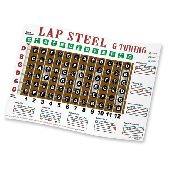 Lap Steel G Tuning Guitar Fretboard Note & Rolls Chart - Beginners & Intermediate Instructional Easy Poster Chords A New Song Music 11"x17"