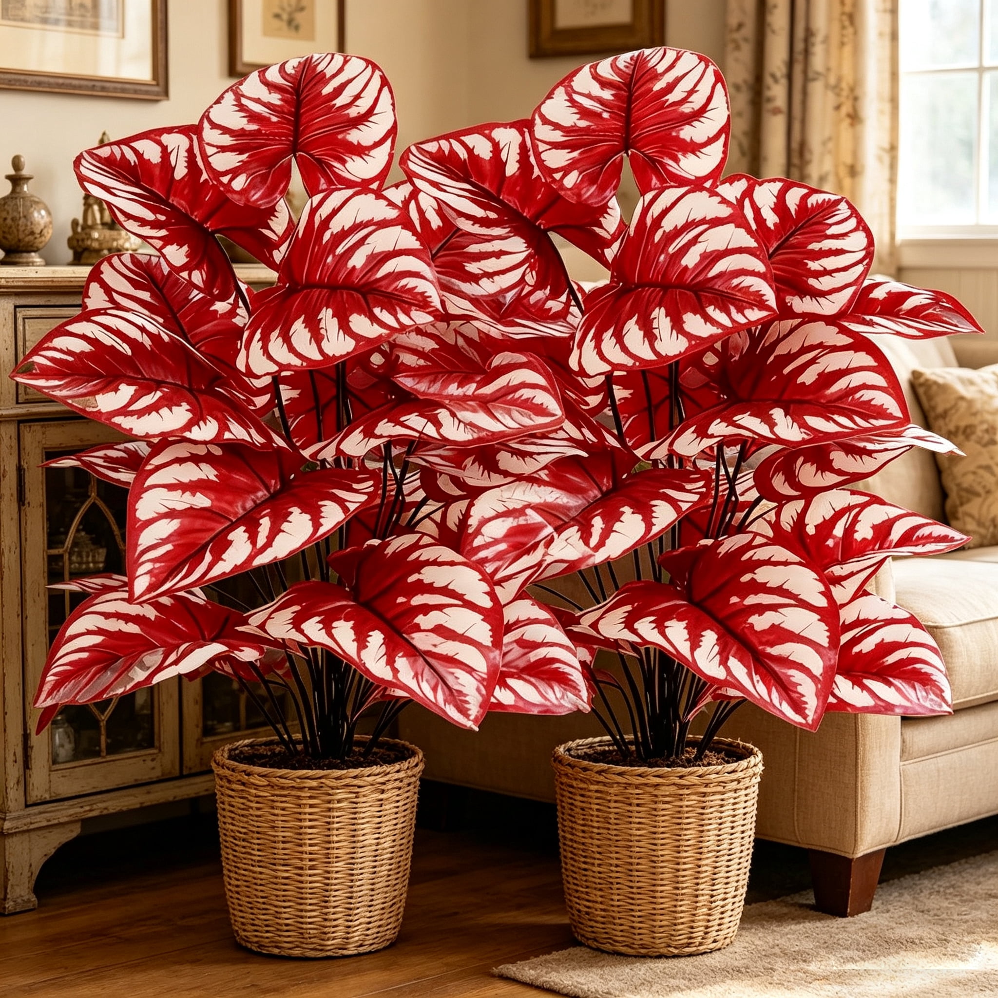2 PCS 27.5 Inch Artificial Caladium Plants, Faux Red Leaf Caladium, UV Resistant Fake Plants for Indoor Outdoor Home Garden Decor, No Pot Included