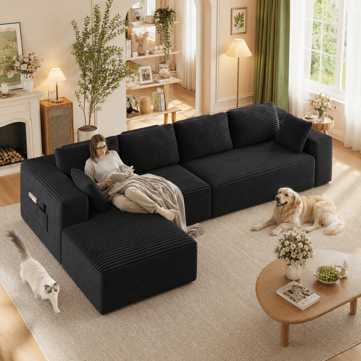 135" L-Shaped Cloud Modular Sectional Sofa, Corduroy Upholstery, Deep Seat Memory Foam Cushion, Black