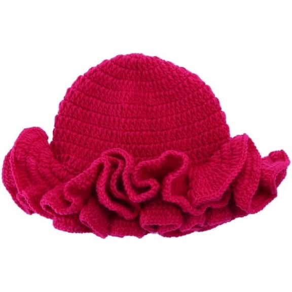 Handmade Crochet Bucket Hat for Woman Teen Outdoor Fisherman Hat Ruffled Brim Winter Windproof Carnivals Hat, Peach Powder