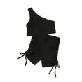 thumbnail image 1 of goowrom Toddler Kid Girl Casual Outfits Sets, Solid Color Oblique Shoulder Crop Tops with Elastic Waist Side Ruched Drawstring Shorts, 1 of 9