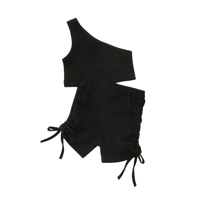 goowrom Toddler Kid Girl Casual Outfits Sets, Solid Color Oblique Shoulder Crop Tops with Elastic Waist Side Ruched Drawstring Shorts