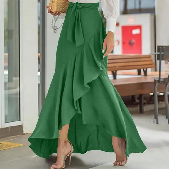 Cxenplz Women Wrap Dance Skirt High Waist Wrap Irregular Flowy Ruffle Skirts Trendy Summer Fall High Low Slit Front A-line Midi Skirt