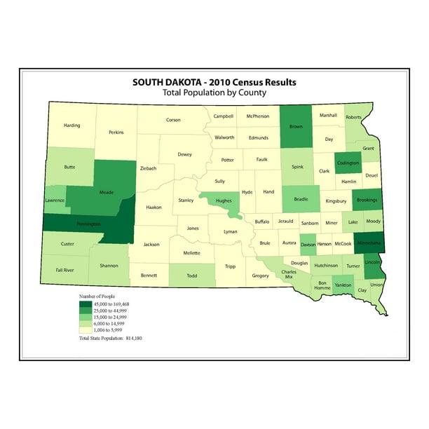 South Dakota County Map (2010 Census) - 12 Inch By 18 Inch Laminated ...