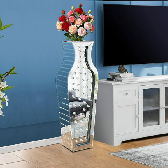 28" Tall Floor Vase, Silver Crystal Large Vases for Decor Living Room, Mirrored Home Decor Vases for Dried Flower