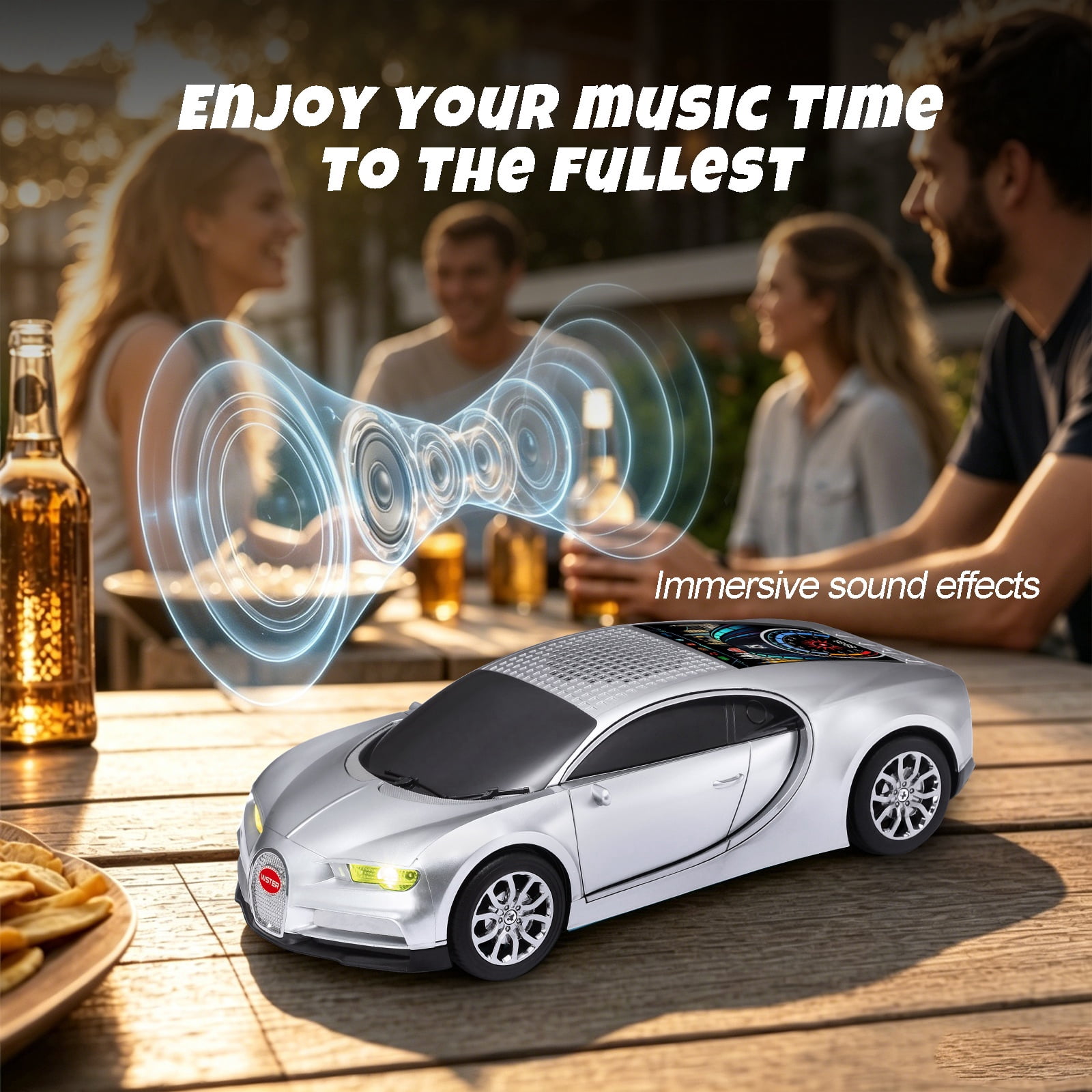 WSTER WS-660 portable Bluetooth speaker is a cool, car-shaped wireless speaker with LED lights, an FM radio, and TF card support.Suitable for desktop decorations/computer use/outdoor use/party use